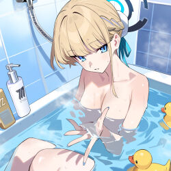  1girl bathing bathtub blonde_hair blue_archive blue_eyes blue_halo blunt_bangs braid breasts bun_cover cleavage commentary crown_braid hair_ribbon halo highres looking_at_viewer medium_breasts nude partially_submerged ribbon rubber_duck shampoo_bottle solo tile_wall tiles toki_(blue_archive) water wet xiaoxiao_de_kuangsan  rating:Questionable score:16 user:danbooru