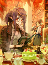 apron autumn_leaves book bookmark bookshelf brown_hair brown_jacket cake cake_slice chair checklist cleavage_cutout clothing_cutout coffee_maker coffee_pot creamer_(vessel) cup earrings elf eudetenis fang fang_out food fork fruit green_skirt hair_bun hair_ribbon hairband hand_on_own_chin holding holding_book jacket jewelry kettle leather leather_jacket light_blush lime_(fruit) lime_slice long_hair looking_to_the_side mint multiple_bracelets original pillar plant plate pointy_ears potted_plant pudding purple_hair red_eyes red_hairband red_nails ribbed_sweater ribbon saucer shirt sidelocks skirt sky smile socks strawberry striped_clothes striped_socks sweater sweets table teacup tray tree turtleneck turtleneck_sweater vertical-striped_clothes vertical-striped_socks very_long_hair waitress white_shirt wrist_tattoo yellow_eyes yellow_sky 