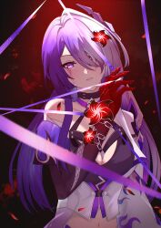  1girl absurdres acheron_(honkai:_star_rail) armor bandaged_arm bandages black_choker breasts chain chain_around_arm choker cleavage coat criss-cross_halter detached_sleeves diamond-shaped_pupils diamond_(shape) eyes_visible_through_hair flower hair_between_eyes hair_ornament hair_over_one_eye halterneck highres honkai:_star_rail honkai_(series) jininwop large_breasts looking_at_viewer midriff multicolored_hair navel official_alternate_color parted_lips purple_eyes purple_hair red_eyes red_flower shoulder_armor single_bare_shoulder solo symbol-shaped_pupils tears_from_one_eye upper_body white_coat white_hair 