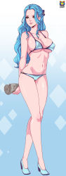 1girl absurdres bikini blue_hair breasts female_focus full_body hair_slicked_back highres kyoffie large_breasts looking_to_the_side nefertari_vivi one_piece smile solo standing swimsuit rating:Sensitive score:79 user:bryanlg