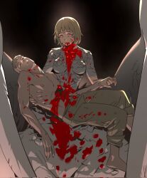 1boy 1girl barefoot black_background bleeding blonde_hair blood blood_in_hair blood_on_clothes blood_on_face brother_and_sister brown_pants chinese_commentary closed_eyes collarbone commentary corrupted_twitter_file death deep_wound dungeon_meshi entrails expressionless falin_touden falin_touden_(chimera) feathered_wings feathers glowing glowing_eyes guro hand_on_another&#039;s_back highres holding_hands hole_in_chest hole_on_body injury ju_neng_binggui laios_touden looking_at_viewer lying lying_on_lap monster_girl on_back organs pants red_eyes short_hair siblings simple_background slit_pupils taur topless_male twins unconscious wings