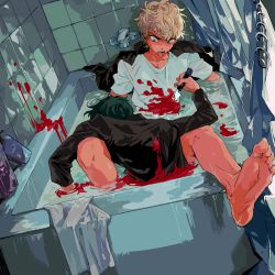  2boys barefoot bathroom bathtub battle bleeding blonde_hair blood blood_on_clothes bloody_weapon collarbone dripping fingernails green_hair grey_eyes highres holding holding_knife holding_weapon indoors jaemin107 knife looking_at_another male_focus multiple_boys murder open_mouth original partially_submerged shampoo_bottle shower_curtain stab teeth tile_wall tiles tongue towel water weapon wet  rating:Sensitive score:3 user:danbooru