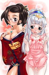  2girls apron breasts brown_hair glasses green_eyes hair_ornament japanese_clothes kimono large_breasts long_hair multiple_girls myuracchi_(ayashii_hon&#039;ya) myuratch naked_apron nipple_slip nipples official_art one_eye_closed open_mouth pinky_out purple_eyes shogun8 silver_hair wink 