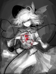  1girl blood bow eyeball flower frills greyscale hat hat_bow hat_ribbon heart heart_of_string komeiji_koishi long_sleeves looking_at_viewer monochrome naozi open_clothes open_shirt partially_colored ribbon rose shirt short_hair simple_background skirt smile solo spot_color third_eye touhou wide_sleeves  rating:Sensitive score:2 user:danbooru