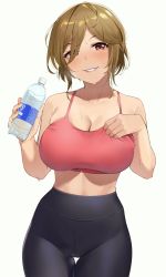 1girl bare_shoulders black_pants blush bottle breasts brown_eyes brown_hair cleavage collarbone commentary_request cowboy_shot crop_top eyebrows_hidden_by_hair gym-oneesan hair_over_one_eye hand_on_own_chest high-waist_pants highres holding holding_bottle igarashi_kyouhei large_breasts looking_at_viewer midriff original pants parted_lips red_tank_top shirt_grab short_hair simple_background smile solo sports_bra standing tank_top water_bottle white_background yoga_pants rating:Sensitive score:118 user:danbooru