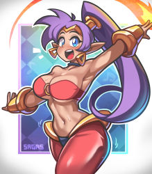 1girl absurdres artist_name bare_shoulders belly_dancing blue_eyes breasts cleavage cowboy_shot dark-skinned_female dark_skin earrings harem_pants high_ponytail highres jewelry large_breasts long_hair navel o-ring o-ring_top open_mouth outline outstretched_arms pants pointy_ears purple_hair sagas293 shantae shantae_(series) smile solo tan very_long_hair white_outline rating:Sensitive score:33 user:danbooru