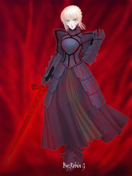  artoria_pendragon_(fate) aura black_footwear blonde_hair blood excalibur_(fate/stay_night) fate/stay_night fate_(series) highres saber_(fate) saber_alter shoes sword type-moon weapon yellow_eyes  rating:Sensitive score:6 user:blacklist1