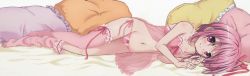  10s 1girl absurdres arm_up asymmetrical_legwear bed_sheet blush bow bow_panties closed_mouth collarbone cushion dakimakura_(medium) dot_nose eyebrows frilled_thighhighs frills full_body hair_ribbon highres legs lingerie loli long_image lying minato_tomoka navel negligee no_shoes on_bed on_side one_side_up panties pillow pink_eyes pink_hair pink_ribbon ribbon ribbon-trimmed_legwear ribbon_trim rou-kyuu-bu! see-through short_hair smile solo string_panties thighhighs tinkle underwear wide_image 