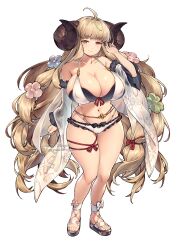  1girl anila_(granblue_fantasy) anila_(summer)_(granblue_fantasy) belly_chain bikini breasts commission covered_erect_nipples curled_horns draph ge-b granblue_fantasy hair_ornament hair_ribbon highres hikimayu horns jewelry large_breasts layered_bikini leg_ribbon looking_at_viewer navel official_alternate_costume ribbon ribbon-trimmed_bikini sandals sheep_horns short_eyebrows simple_background smile solo swimsuit thick_eyebrows thigh_ribbon white_background white_bikini 