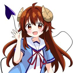  1girl :d ahoge blue_shirt blush brown_eyes brown_hair collarbone commentary_request curled_horns demon_girl demon_tail dot_nose hand_up horns kotatsu-mazoku long_hair looking_at_viewer machikado_mazoku neck_ribbon open_mouth red_ribbon ribbon shirt short_sleeves simple_background smile solo tail upper_body waving white_background yoshida_yuuko_(machikado_mazoku) 