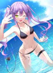  1girl absurdres bikini black_bikini breasts commentary_request demon_tail fang green_eyes hair_ornament hairclip halterneck highres hololive leg_tattoo long_hair looking_at_viewer medium_breasts multicolored_hair navel navel_piercing ocean one_eye_closed open_mouth piercing pink_hair purple_hair shimo_(shimo332215) smile solo stomach streaked_hair string_bikini swimsuit tail tattoo thigh_strap tokoyami_towa twintails virtual_youtuber  rating:Sensitive score:23 user:danbooru