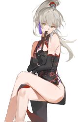  1boy archer_(fate/samurai_remnant) bare_shoulders black_dress china_dress chinese_clothes cleavage_cutout clothing_cutout crossdressing crossed_arms crossed_legs dress fate/samurai_remnant fate_(series) feminization folding_fan grey_hair hair_ornament hand_fan high_ponytail highres long_hair looking_at_viewer male_focus multicolored_hair nagy_c4 ponytail side_slit simple_background sleeveless solo streaked_hair tassel tassel_hair_ornament white_background white_hair xiao_guan_(headdress) yellow_eyes 