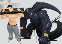  1boy abs bara bulge facial_hair goatee itto_(mentaiko) large_hands large_pectorals long_face long_sideburns male_focus mature_male monster monster_boy muscular muscular_male navel nipples original pectorals restrained short_hair sideburns slime_(creature) slime_boy standing stationary_restraints stomach thick_arms thick_eyebrows undercut zoom_layer 