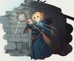  1girl absurdres ambrosia_(dungeon_meshi) backpack bag belt blonde_hair blue_capelet blue_robe brick brick_wall brown_bag brown_belt capelet curtained_hair detached_hood dungeon dungeon_meshi elf green_eyes half_updo highres holding holding_staff hood hooded_capelet light long_bangs long_hair long_sleeves mage_staff magic marcille_donato nagishiro_mito open_mouth parted_bangs pointy_ears robe sidelocks solo staff wooden_staff 