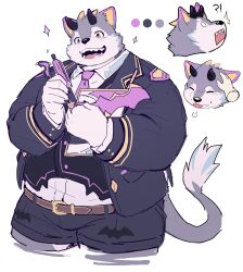 !? 1boy ^^^ absurdres animal_ears bat_wings belphegor_(housamo) belt book closed_eyes color_guide cropped_legs demon_horns dog_boy dog_ears dog_tail fat fat_man furry furry_male gold_trim headpat highres holding holding_book holding_pen horns inset jacket looking_at_viewer male_focus necktie o_o open_mouth pen pink_necktie sharp_teeth shirt simple_background sketch solo sparkle tail teeth thick_eyebrows tokyo_houkago_summoners tongue tongue_out vest white_background white_shirt wings yed_(yedsilent)