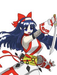 1girl ainu_clothes alternate_costume arm_up blue_eyes blue_hair breasts fingerless_gloves gloves hair_ribbon highres kunai large_breasts legs long_hair looking_at_viewer nakoruru ninja open_mouth pants ribbon samurai_spirits snk solo the_king_of_fighters thighs weapon