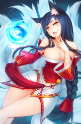 1girl ahri_(league_of_legends) animal_ears bare_shoulders black_hair bottomless braid breasts cleavage crossed_legs detached_sleeves facial_mark fang female_focus fox_ears fox_tail gradient_background highres korean_clothes large_breasts league_of_legends long_hair looking_at_viewer low_neckline no_panties open_mouth ricegnat single_braid smile solo tail thigh_gap tongue tongue_out very_long_hair whisker_markings yellow_eyes rating:Sensitive score:189 user:danbooru