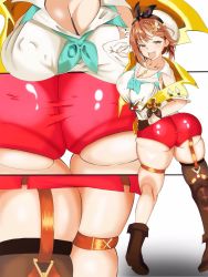 1girl artist_request ass atelier_(series) atelier_ryza atelier_ryza_2 bare_shoulders blush boots breasts brown_eyes brown_hair cameltoe come_hither from_behind garter_straps gloves hair_ornament hair_ribbon hairclip hat highres huge_ass large_breasts looking_at_viewer open_mouth red_shorts reisalin_stout ribbon shiny_clothes shiny_skin short_hair short_shorts shorts single_glove single_thighhigh smile solo thighhighs rating:Questionable score:22 user:armorcrystal