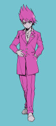  1boy adapted_costume blue_background buttons closed_mouth coattails collarbone collared_jacket collared_shirt confused danganronpa_(series) danganronpa_v3:_killing_harmony facial_hair fingernails formal full_body goatee grey_footwear grey_socks hair_between_eyes hamadaichi hand_in_pocket hand_on_own_hip highres jacket layered_sleeves light_frown long_sleeves male_focus momota_kaito pants purple_eyes purple_hair purple_jacket purple_pants purple_sleeves purple_suit shirt short_hair simple_background slippers socks solo spiked_hair suit white_shirt 