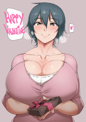  1girl blue_hair blush body_blush box breasts cleavage commentary english_text gift gift_box grey_background grey_eyes heart heart-shaped_box highres holding holding_gift huge_breasts looking_at_viewer mature_female natedecock natsumi_(natedecock) original short_hair simple_background solo spoken_heart sweat valentine  rating:Questionable score:145 user:danbooru