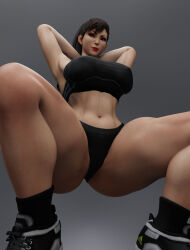  1girl 3d abs bare_hips bare_legs bare_shoulders black_panties black_socks breasts brown_eyes brown_hair capcom chun-li cpt-flapjack curvy female_focus gradient_background grey_background highres large_breasts lips makeup matching_hair/eyes muscular muscular_female navel panties ponytail red_lips shoes simple_background sneakers socks solo sports_bikini sports_bra sportswear stomach street_fighter thick_thighs thigh_focus thighs underwear wide_hips 