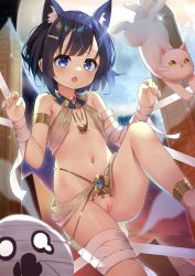  1girl animal_ear_fluff animal_ears anklet armlet bandaged_arm bandaged_leg bandages bare_shoulders barefoot bikini blue_eyes blue_eyeshadow blue_hair blunt_bangs blush bottomless breasts brown_bikini cat cat_ears cleft_of_venus commentary_request egyptian_clothes eyeshadow fang female_focus fuiba_fuyu full_moon ghost gochuumon_wa_usagi_desu_ka? hair_between_eyes hair_ornament hairclip halloween halloween_costume highres jewelry kemonomimi_mode loli makeup moon navel necklace night nude_filter open_mouth pussy pyramid_(structure) short_hair sidelocks skin_fang small_breasts solo sparkle stomach swimsuit taku_michi third-party_edit uncensored usekh_collar white_cat  rating:Explicit score:328 user:bbyyccxx