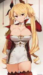  1girl absurdres artist_name azur_lane blonde_hair boots breasts cleavage closed_mouth collarbone dress drill_hair earrings highres indoors jacket jewelry large_breasts long_hair looking_at_viewer nelson_(azur_lane) red_eyes sendo_(sendrawz) solo standing teeth thigh_boots thighhighs twintails very_long_hair zettai_ryouiki  rating:Sensitive score:85 user:danbooru