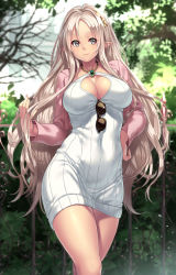  1girl blonde_hair blurry blush breasts cleavage cleavage_cutout clothing_cutout crossed_legs depth_of_field dress elf eyewear_hang unworn_eyewear facing_viewer female_focus fence gem grey_eyes hair_ornament hand_on_own_hip highres houtengeki ironwork jacket jewelry large_breasts long_hair long_sleeves looking_away necklace open_clothes open_jacket original outdoors pointy_ears pov revision ribbed_dress ribbed_sweater smile solo sparkle standing sunglasses sweater sweater_dress tree very_long_hair  rating:Sensitive score:120 user:danbooru
