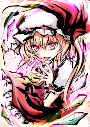 1girl blonde_hair crystal flandre_scarlet frilled_skirt frilled_sleeves frills hair_between_eyes hat hat_ribbon highres ink_wash_painting long_hair looking_at_viewer mob_cap multicolored_wings one-hour_drawing_challenge one_side_up puffy_short_sleeves puffy_sleeves red_eyes red_ribbon red_skirt red_vest ribbon ribbon-trimmed_headwear ribbon_trim saliva shirt short_sleeves skirt skirt_set solo sumi-e tongue tongue_out touhou uranfu vest white_hat white_shirt wings wrist_cuffs