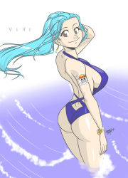  1girl ass back bare_arms bare_shoulders bikini blue_bikini blue_hair breasts curvy happy highres hip_focus huge_ass large_breasts legs long_hair looking_at_viewer looking_back name nefertari_vivi one-piece_swimsuit one_piece ponytail shiny_skin smile solo swimsuit tattoo thick_thighs thighs water wide_hips 