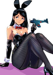  1girl a6m_zero aircraft airplane animal_ears black_hair bow bowtie breasts brown_eyes bunny_day cleavage closed_mouth collarbone commentary_request detached_collar fake_animal_ears fishnet_pantyhose fishnet_thighhighs fishnets gloves hand_up highres kamisimo_90 leotard long_hair medium_breasts original pantyhose playboy_bunny rabbit_ears red_bow red_bowtie sitting smile thighhighs wrist_cuffs 