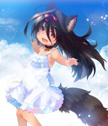 1girl animal_ear_fluff animal_ears armpits black_hair bow cloud collar commentary_request dog_ears dog_tail dress fang hair_bow highres kannagi_cocoa long_hair open_mouth original outdoors outstretched_arms red_eyes ribbon sky smile solo sundress tail tan tanline toba_hiyoko white_dress rating:Sensitive score:6 user:danbooru