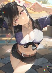  1girl arms_up belt belt_buckle black_hair black_shorts blurry blurry_background breasts buckle chromatic_aberration cleavage crop_top denim denim_shorts fadingz final_fantasy final_fantasy_vii final_fantasy_vii_rebirth final_fantasy_vii_remake flower front-tie_top hair_flower hair_ornament head_tilt highres large_breasts lens_flare midriff official_alternate_costume official_alternate_hairstyle panty_straps red_eyes revision short_shorts shorts smile solo sunlight thong tifa_lockhart tifa_lockhart_(majestic_glamour) 