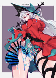  1girl arknights bar_censor blue_gloves censored closed_mouth clothes_lift dress dress_lift from_below futanari gloves grey_hair hair_between_eyes hat highres intravaginal_futanari lifted_by_self long_hair long_sleeves looking_at_viewer looking_down mirin_chikuwa no_testicles penis pussy red_dress skadi_(arknights) skadi_the_corrupting_heart_(arknights) solo wide_sleeves 