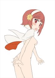  1girl ass blush breasts brown_hair cape embarrassed fire_emblem fire_emblem_fates hair_ornament headband highres nintendo nipples nude open_mouth princess red_eyes red_hair sakura_(fire_emblem) short_hair small_breasts solo standing  rating:Explicit score:17 user:firebind2