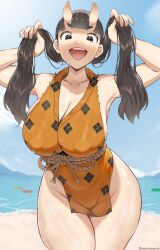  1girl absurdres armpits arms_up beach black_eyes black_hair blue_sky blunt_bangs cloud collarbone commentary covered_erect_nipples cowboy_shot day dungeon_meshi groin highres holding_own_hair horns inutade japanese_clothes leaning_forward long_hair looking_at_viewer micchan_(micchanmeido) ocean oni open_mouth sky solo teeth thick_eyebrows thick_thighs thighs tongue twintails twitter_username upper_teeth_only water wet wide_hips  rating:Questionable score:45 user:danbooru