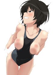  1girl amagami bent_over black_eyes black_hair black_one-piece_swimsuit blue_one-piece_swimsuit blush breasts clenched_teeth clothes_pull clothing_aside collarbone competition_swimsuit cowboy_shot cropped_arms gluteal_fold groin highleg highleg_swimsuit highres implied_sex looking_back medium_breasts motion_lines nanasaki_ai nipples one-piece_swimsuit one-piece_swimsuit_pull profile short_hair shou937 simple_background solo swimsuit swimsuit_aside teeth two-tone_swimsuit white_background 
