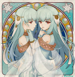 2girls aqua_hair arm_around_waist artist_name ass_grab bare_shoulders clone closed_mouth detached_sleeves dress dual_persona female_focus finger_to_another&#039;s_mouth fingerless_gloves fire_emblem fire_emblem:_the_blazing_blade fire_emblem_heroes gloves hair_ornament hand_on_another&#039;s_cheek hand_on_another&#039;s_face highres hug kumehara_chiyota long_hair looking_at_viewer multiple_girls ninian nintendo orb parted_lips profile red_eyes sash see-through selfcest sleeveless sleeveless_dress smile snowflakes standing twitter_username upper_body yuri rating:Sensitive score:24 user:danbooru