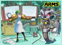  1girl arms_(game) blueprint_(object) commentary_request dr._coyle green_hair hedlok high_heels highres lab_coat laboratory logo mechanical_arms monitor nintendo official_art pointing robot single_mechanical_arm slime_(substance) the_cell yamamoto_yuu  rating:Sensitive score:8 user:danbooru