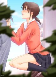  1boy 1girl bonnie_(rsg) brown_hair imminent_fellatio kneeling open_mouth outdoors pink_shirt school_uniform sexually_suggestive sket_dance skirt takahashi_chiaki_(sket_dance) twintails  rating:Questionable score:33 user:Kanrabat