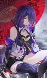  1girl acheron_(honkai:_star_rail) armor armpit_crease asymmetrical_legwear bandaged_arm bandaged_leg bandages belt black_belt black_choker black_gloves black_shorts boots breasts chain chain_around_arm choker cleavage closed_mouth coat commentary_request criss-cross_halter detached_sleeves diamond-shaped_pupils diamond_(shape) elbow_gloves eyes_visible_through_hair feet_out_of_frame flower gloves hair_ornament hair_over_one_eye halterneck highres holding holding_sheath holding_umbrella honkai:_star_rail honkai_(series) knee_boots large_breasts looking_at_viewer multicolored_hair oil-paper_umbrella purple_eyes purple_hair rain red_flower scabbard sheath shorts shoulder_armor single_bare_shoulder single_elbow_glove single_knee_boot single_thigh_boot solo streaked_hair symbol-shaped_pupils syuri22 thigh_boots thighs umbrella wet white_coat 