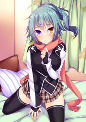  1girl :o ahoge aqua_hair bed_sheet between_legs black_gloves black_jacket black_thighhighs blue_hair blunt_bangs blush bridal_gauntlets brown_skirt checkered_clothes checkered_skirt curtains floral_print gloves hand_between_legs heterochromia highres indoors jacket kneeling long_sleeves looking_at_viewer on_bed original parted_lips pillow pleated_skirt ponytail purple_eyes rebecca_arcane red_scarf scarf short_hair skirt solo striped suterii thighhighs vertical_stripes yellow_eyes zettai_ryouiki 