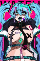  ! 1girl :d ace_glitch ambiguous_green_liquid areola_slip bandaid bdsm black_hoodie blue_eyes blue_hair bondage_outfit bound bow bowtie breastless_leotard breasts covered_erect_nipples cross cross_earrings double-parted_bangs drooling earrings hair_bow hair_ornament hair_tie hatsune_miku heart heart_in_eye highres hood hoodie jewelry large_breasts leotard long_hair looking_at_viewer necktie open_mouth pink_background seductive_smile see-through see-through_leotard sharp_teeth shoulder_tattoo simple_background smile solo symbol_in_eye tattoo teeth thick_eyelashes twintails very_long_hair vocaloid 