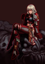  1girl adapted_costume adeptus_astartes armor blood blood_angels blood_from_mouth boots breasts gauntlets genderswap genderswap_(mtf) gloves heresy l_axe medium_breasts midriff navel pauldrons pink_eyes power_armor purity_seal short_hair shoulder_armor skull solo space_marine thigh_boots thighhighs warhammer_40k white_hair  rating:Sensitive score:53 user:danbooru