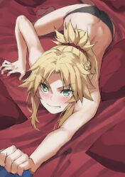  1girl bare_shoulders black_panties blonde_hair blush braid breasts clenched_teeth commentary fate/apocrypha fate_(series) french_braid green_eyes hair_ornament hair_scrunchie highres long_hair looking_at_viewer mordred_(fate) mordred_(fate/apocrypha) panties parted_bangs ponytail red_scrunchie revision scrunchie sidelocks small_breasts solo teeth tonee underwear v-shaped_eyebrows 