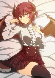 1girl bed_sheet black_thighhighs blouse blush closed_mouth collared_shirt dragon_girl dragon_horns dragon_tail dragon_wings grea_(shingeki_no_bahamut) hand_on_own_chest hara_(harayutaka) highres horns knee_up long_sleeves looking_at_viewer lying on_back on_bed plaid plaid_skirt pleated_skirt pointy_ears red_eyes red_hair red_skirt red_wings shingeki_no_bahamut shirt short_hair skirt smile solo sweatdrop tail thighhighs thighs white_shirt wings rating:Sensitive score:68 user:danbooru