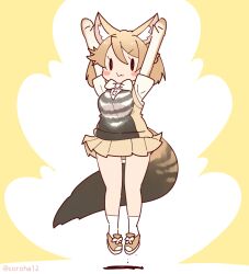  1girl animal_ears arms_up black-backed_jackal_(kemono_friends) bow bowtie brown_hair cardigan coroha elbow_gloves extra_ears full_body gloves jackal_ears jackal_girl jackal_tail jumping kemono_friends looking_at_viewer shirt shoes short_hair simple_background skirt socks solo tail yellow_background  rating:General score:2 user:danbooru