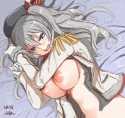 10s 1girl beret blue_eyes breasts epaulettes gloves grey_hair hat kantai_collection kashima_(kancolle) large_breasts lying military military_uniform naz_(garyuuya) nipples on_side open_clothes smile solo uniform rating:Questionable score:20 user:danbooru
