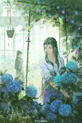  1boy 1girl absurdres artist_name bird black_hair blue_flower chinese_commentary closed_mouth flower gujian_qitan hand_in_pocket highres indoors leaf long_hair looking_at_another parted_bangs ponytail purple_eyes purple_flower qian_he_yao shirt short_sleeves smile standing vase white_shirt window yun_wuyue_(gujian_qitan_3) 