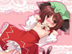 1girl animal_ears blush breasts brown_eyes brown_hair cat_ears cat_girl cat_tail chen earrings female_focus hat jewelry loli mouth_hold multiple_tails panties pantyshot small_breasts solo tail touhou underwear yamu_(reverse_noise) rating:Explicit score:10 user:danbooru